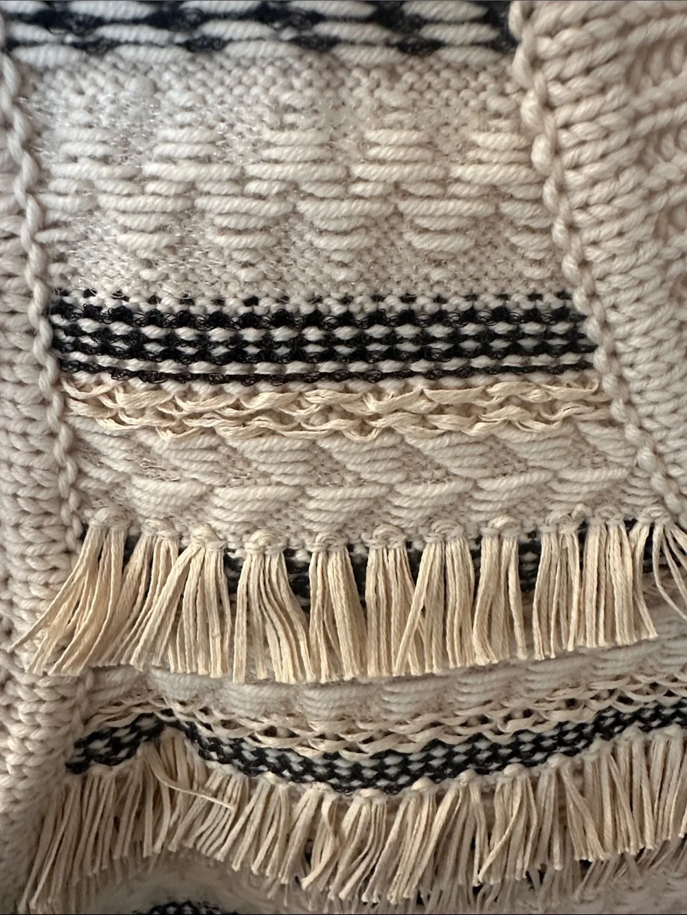 Tory Burch Cream V-Neck Fringe Knit Sweater Vest with black Stripes